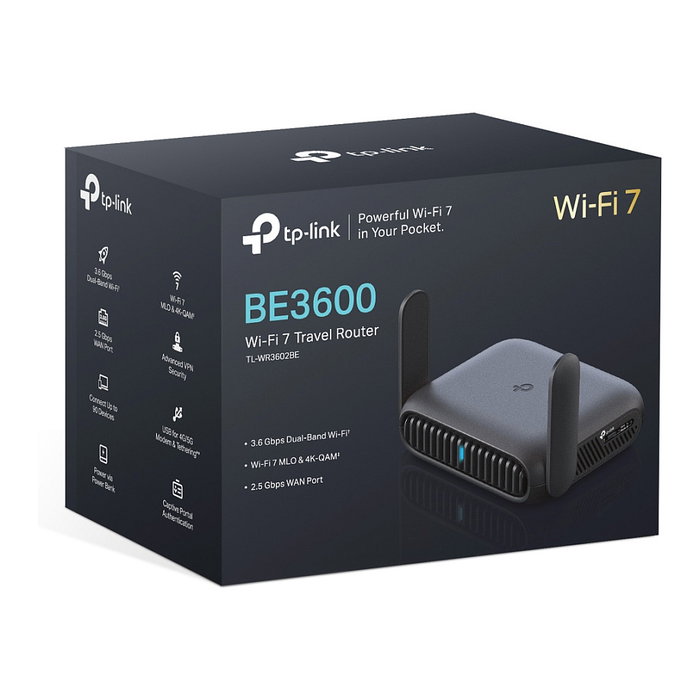 TP-Link TL-WR3602BE BE3600 Router Wi-Fi 7 Portátil, Wi-Fi 7 802.11be Dual Band (2.4 GHz/5 GHz), Velocidad 2882 Mbps, 1 Puerto 2.5G LAN, Negro