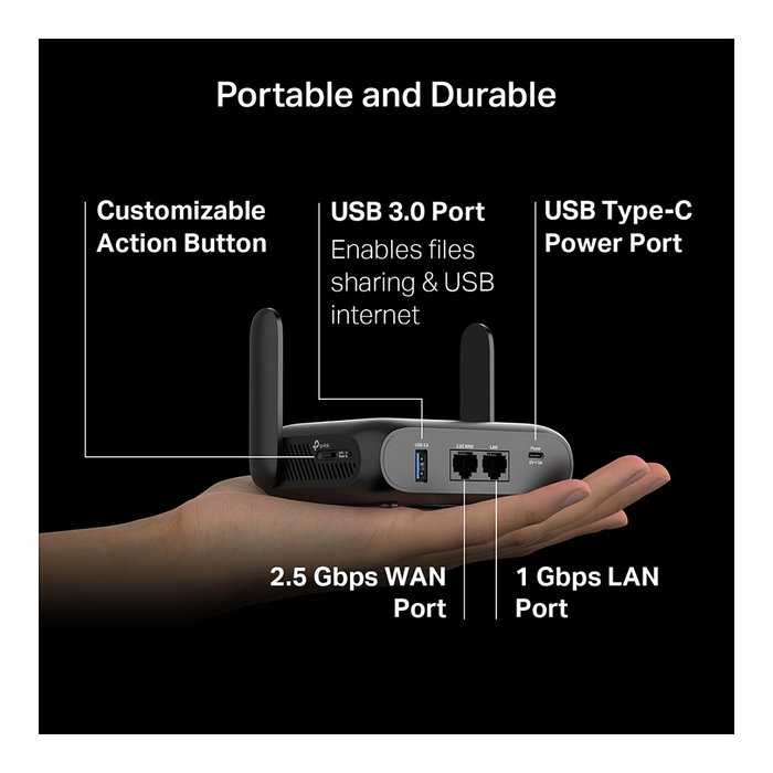 TP-Link TL-WR3602BE BE3600 Router Wi-Fi 7 Portátil, Wi-Fi 7 802.11be Dual Band (2.4 GHz/5 GHz), Velocidad 2882 Mbps, 1 Puerto 2.5G LAN, Negro