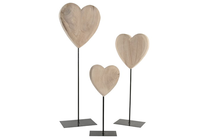 DKD Home Decor Set de Decoración de 3 Piezas con Corazón en Paulownia y Metal