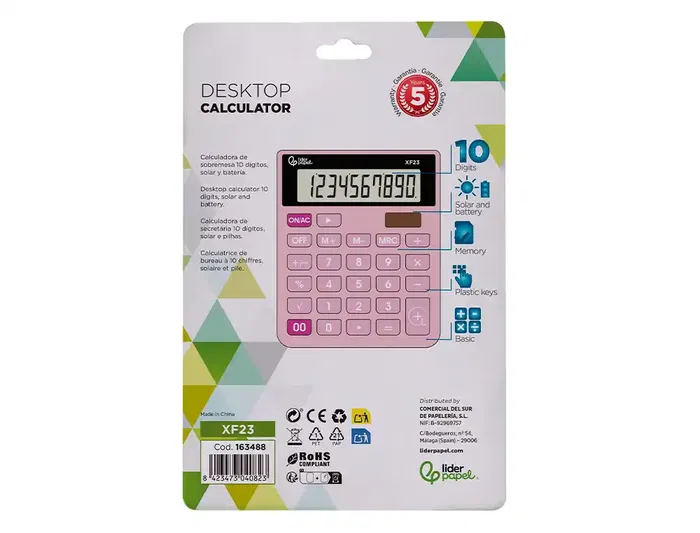 Liderpapel xf23 Calculadora de Sobremesa 10 Dígitos Solar y Pilas Color Rosa 127x105x24 mm