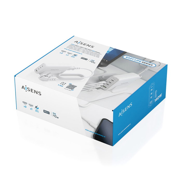 AISENS Cargador Sobremesa GaN 140W 3x USB-C PD3.1 1x USB-A Blanco