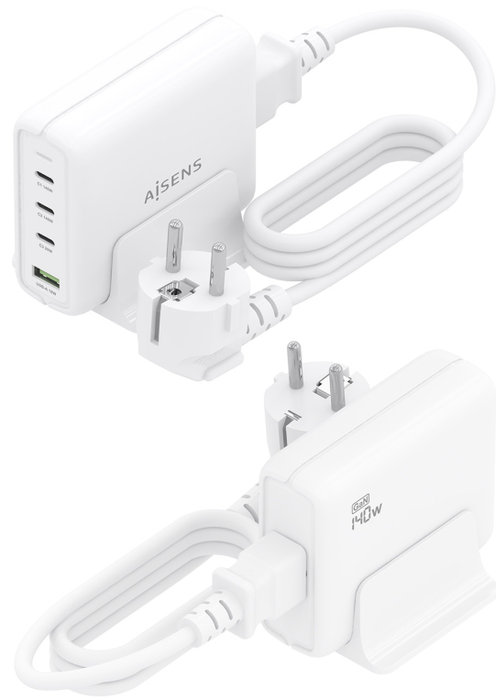 AISENS Cargador Sobremesa GaN 140W, 3x USB-C PD3.1 QC4.0 QC5.0, 1x USB-A QC3.0, Blanco