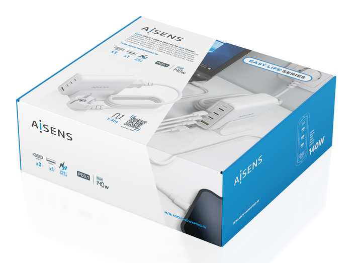 AISENS Cargador Sobremesa GaN 140W, 3x USB-C PD3.1 QC4.0 QC5.0, 1x USB-A QC3.0, Blanco