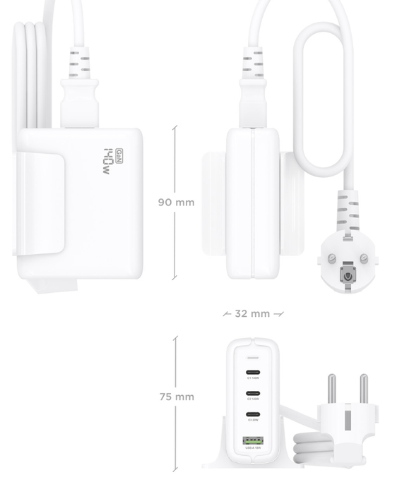 AISENS Cargador Sobremesa GaN 140W, 3x USB-C PD3.1 QC4.0 QC5.0, 1x USB-A QC3.0, Blanco