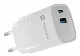 Natec NUC-2140 Cargador GaN 30W Carga Rápida Power Delivery 3.0 y QC 3.0 con 1x USB-A y 1x USB-C, Universal, Blanco, Interior