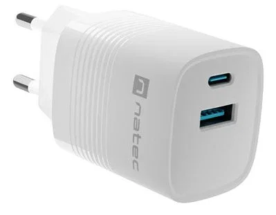 Natec NUC-2140 Cargador GaN 30W Carga Rápida Power Delivery 3.0 y QC 3.0 con 1x USB-A y 1x USB-C, Universal, Blanco, Interior