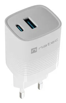 Natec NUC-2140 Cargador GaN 30W Carga Rápida Power Delivery 3.0 y QC 3.0 con 1x USB-A y 1x USB-C, Universal, Blanco, Interior