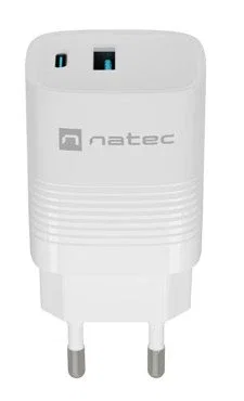 Natec NUC-2140 Cargador GaN 30W Carga Rápida Power Delivery 3.0 y QC 3.0 con 1x USB-A y 1x USB-C, Universal, Blanco, Interior