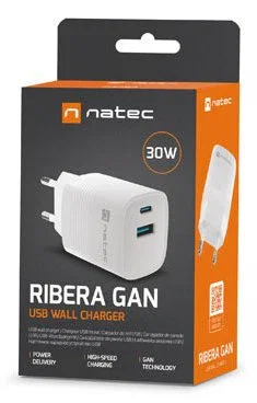 Natec NUC-2140 Cargador GaN 30W Carga Rápida Power Delivery 3.0 y QC 3.0 con 1x USB-A y 1x USB-C, Universal, Blanco, Interior