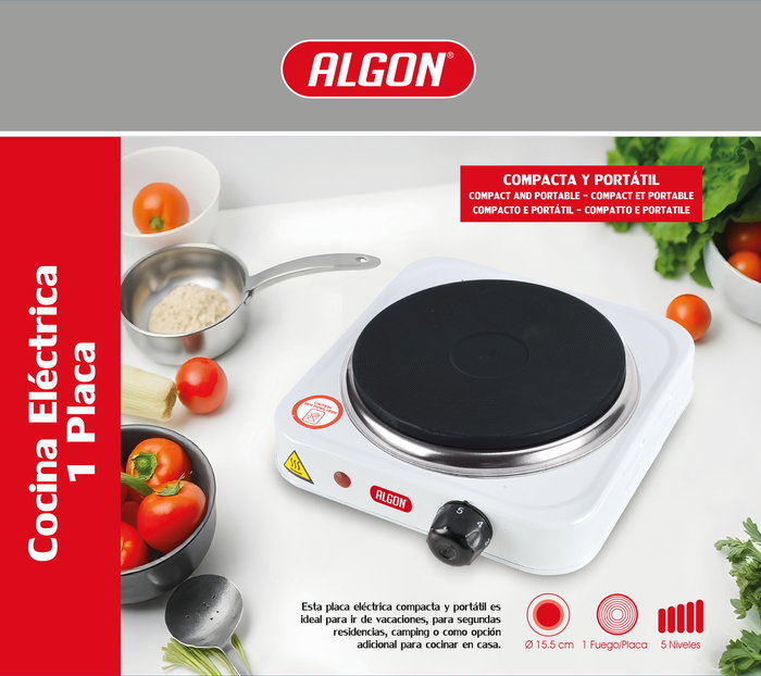 Inde Cocina Eléctrica de 1 Placa Bbq Algon 1000 W, 20.5 x 20.5 x 7 cm (4 Unidades)