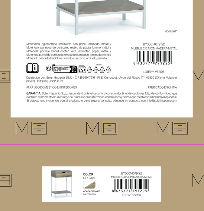 Inde Mueble C/Cajon Madera-Metal 45x30x68cm