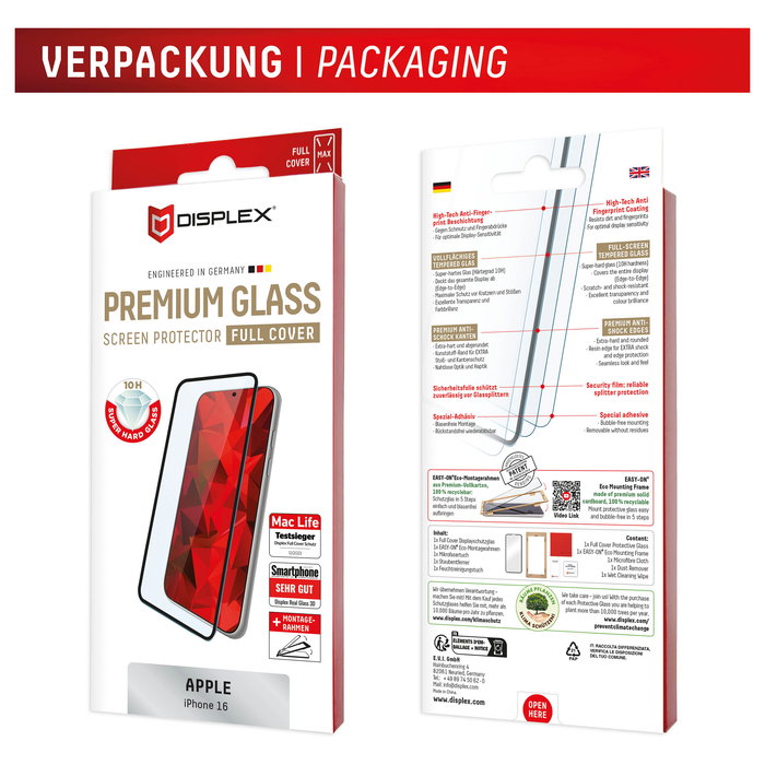 Displex Protector de Pantalla Premium de Vidrio Templado 10H Anti-Huellas para iPhone 16 - Transparente, Aplicación Fácil, Incluye Kit