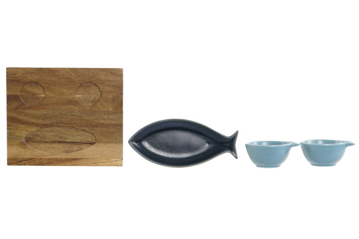 DKD Home Decor Set de 4 Aperitivos Loving Home Peces en Porcelana y Acacia de 19,5x16,5 cm de Color Azul y Natural DKD Home Decor Set de 4 Aperitivos Loving Home Peces en Porcelana y Acacia de 19,5x16,5 cm de Color Azul y Natural