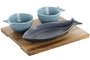 DKD Home Decor Set de 4 Aperitivos Loving Home Peces en Porcelana y Acacia de 19,5x16,5 cm de Color Azul y Natural