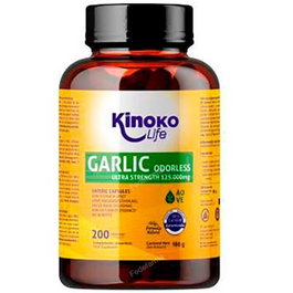 KINOKO LIFE Aceite de Ajo 200 Cápsulas - Extracto Desodorizado 500:1 Alta Concentración, Sin Olor, Sin Gluten, 100% Natural