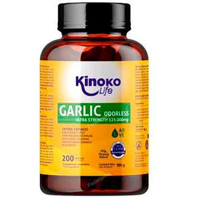 KINOKO LIFE Aceite de Ajo 200 Cápsulas - Extracto Desodorizado 500:1 Alta Concentración, Sin Olor, Sin Gluten, 100% Natural KINOKO LIFE Aceite de Ajo 200 Cápsulas - Extracto Desodorizado 500:1 Alta Concentración, Sin Olor, Sin Gluten, 100% Natural