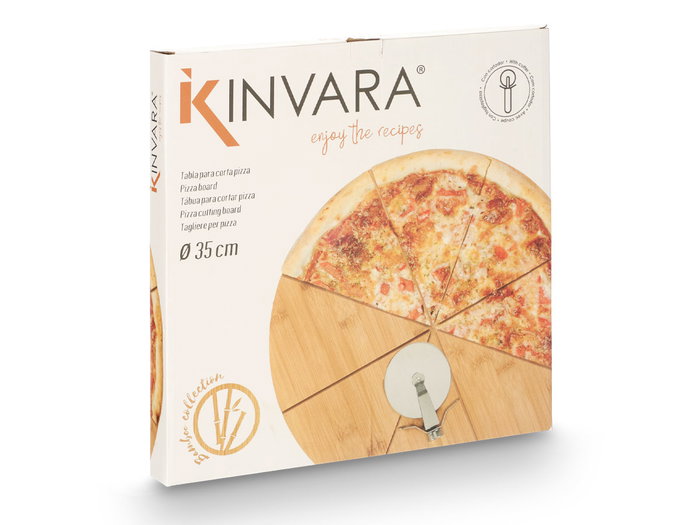 Kinvara Set Tabla y Cortador de Pizza Bambu y Metal, 35 x 35 x 1.5 cm (Set de 6)