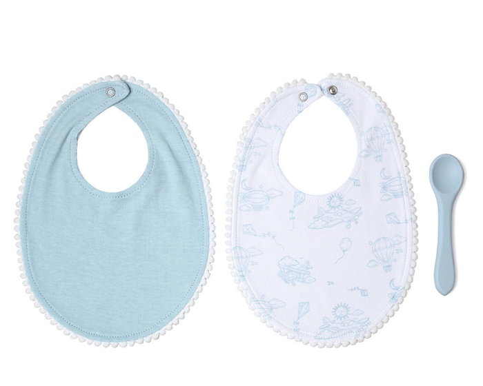 KioKids Set de 2 Baberos de Algodón y Cuchara de Silicona Alimenticia para Bebé +4 Meses - Azul