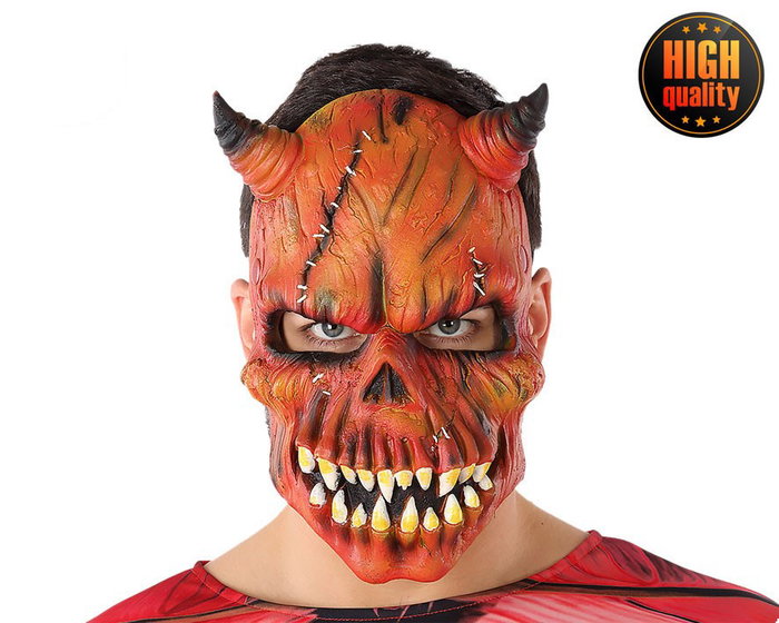 Máscara Demonio Rojo Con Cuernos Y Dientes Amarillos Para Hombre Adulto - Halloween, Terror Máscara Demonio Rojo Con Cuernos Y Dientes Amarillos Para Hombre Adulto - Halloween, Terror