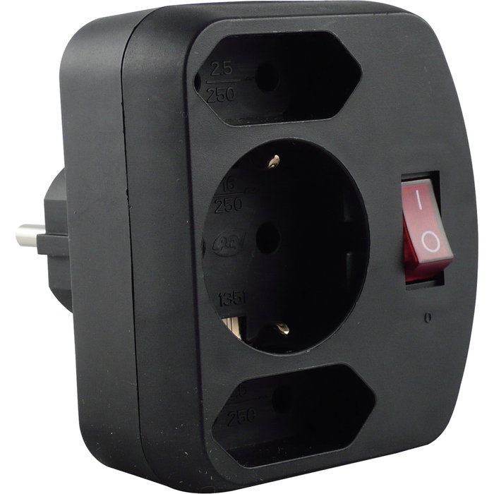 Rev Adaptador de 3 tomas con interruptor negro Rev Adaptador de 3 tomas con interruptor negro