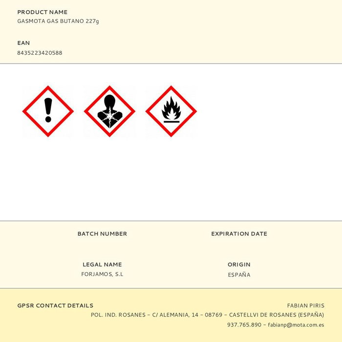 Mota Herramientas Cartucho de Gas Butano 227 g para Cocina y Soplete con Doble Válvula de Seguridad