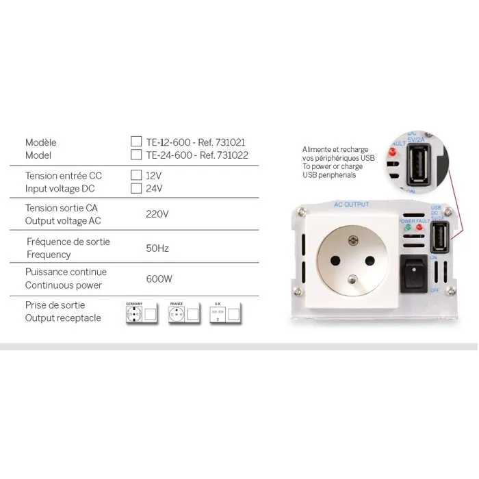 Thomson THO3513767310215 Convertidor de Tensión 12/220 V 600 W con Toma USB Thomson THO3513767310215 Convertidor de Tensión 12/220 V 600 W con Toma USB