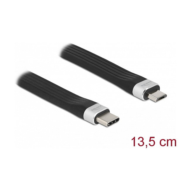 DeLOCK Cable USB-C a Micro USB B FPC 13.5 cm / 0.135 m USB 2.0 PD 3 A, Negro, Plata, Referencia: DELOCK USB 2.0 FPC Flachbandkabel