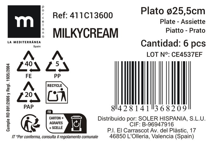 La Mediterranea Plato Llano Milkycream ø25.5cm