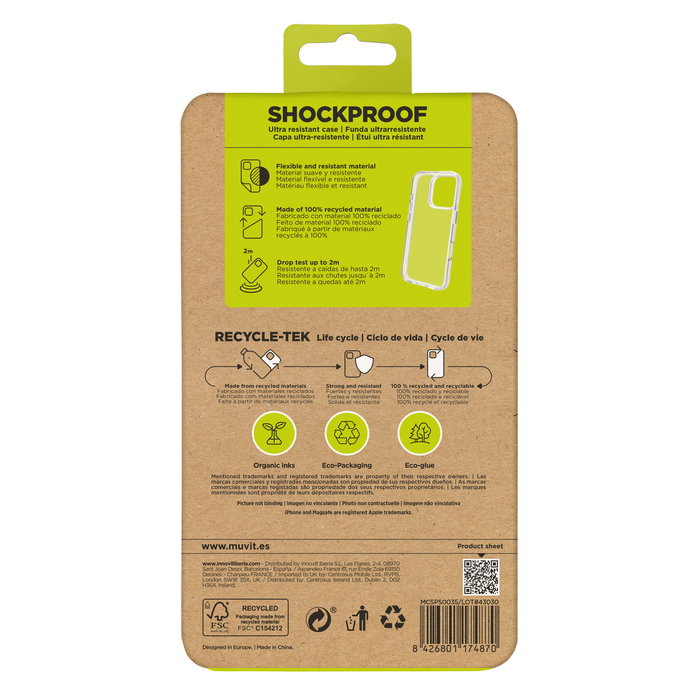 Muvit Funda Shockproof iPhone - Fabricada con Material 100% Reciclado - Protección Contra Caídas de 2 m - Acceso Total a Puertos y Cámara - Eco-Packaging