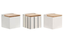 DKD Home Decor Salero Gres Bambu Relieve Blanco Surtido de 3 unidades
