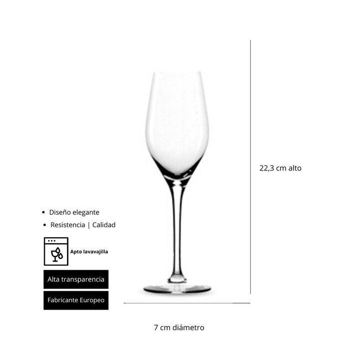 Summa ELBA Copa Champagne, Cristal, Capacidad 27 cl / 26.5 cl, Altura 223 mm, Diámetro 70 mm, Borde Fino (Set de 6)