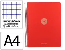 Antartik Cuaderno Espiral A4 Micro - Tapa Foam, 120 Hojas Cuadrícula 5mm 90gr, 5 Bandas, 4 Taladros - Color Rojo