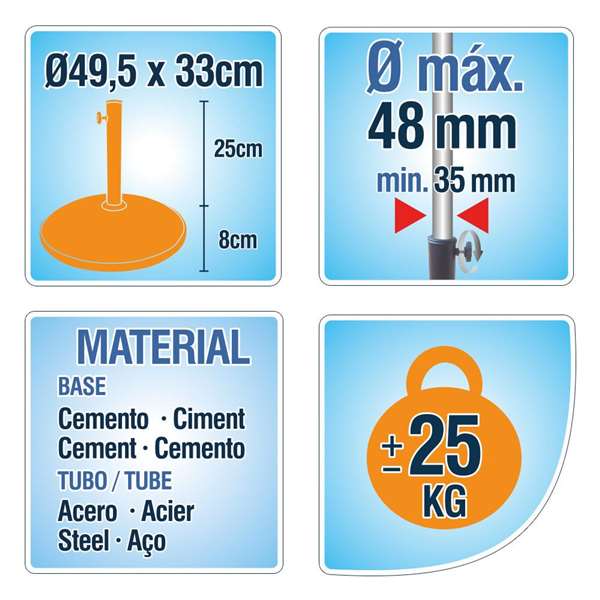 Color Baby Soporte para Sombrilla de Cemento 25 kg Tubo 4,8 cm Base 50x34 cm