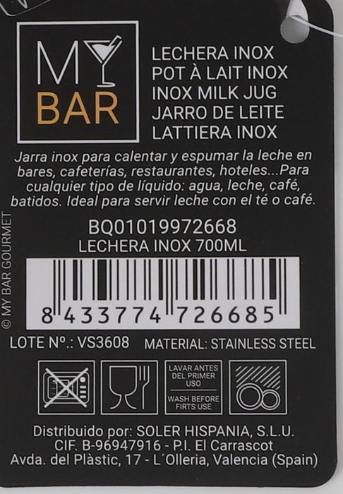 My Bar Lechera Inoxidable 700 ml para Bar, Acero Inoxidable, Dimensiones: 13.2 cm (L) x 9.5 cm (A) x 11.6 cm (Al) (12 Unidades)