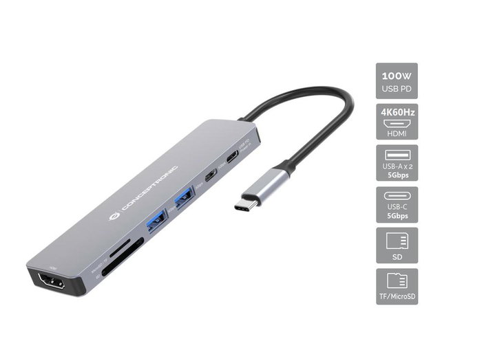 Conceptronic DONN28G Docking Station Gris USB Tipo C HDMI USB-A 5 Gbps SD/MicroSD PD 100W 4K 60Hz