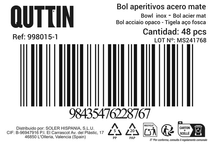 Quttin Bol Aperitivos Acero Mate 13.5 cm - Bol para Aperitivos o Snacks (48 Unidades)