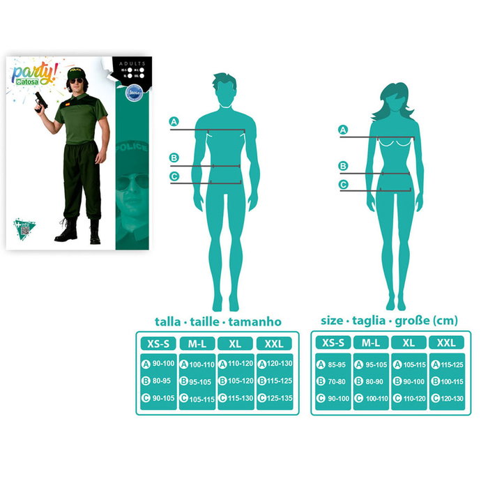 Disfraz Guardia Civil Hombre Adulto XL - Camiseta Verde, Pantalón y Gorra