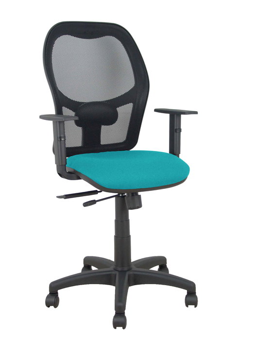 Silla de oficina Alocén con mecanismo Sincro/Traslack tapizada con Tela color Turquesa y malla color Negro. Equipada con lumbar 1D, Brazos 1D y Ruedas de nailon 50 mm Silla de oficina Alocén con mecanismo Sincro/Traslack tapizada con Tela color Turquesa y malla color Negro. Equipada con lumbar 1D, Brazos 1D y Ruedas de nailon 50 mm