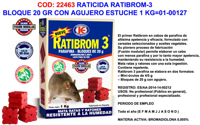 Ratibrom-3 Raticida en Bloque con Agujero 20 g (Estuche 1 kg) extra_attributes.order_conversion: 10.0 Ratibrom-3 Raticida en Bloque con Agujero 20 g (Estuche 1 kg) extra_attributes.order_conversion: 10.0