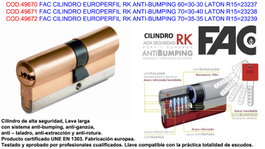 Cilindro de perfil europeo RK anti-bumping 70=35-35 de latón R15=23239