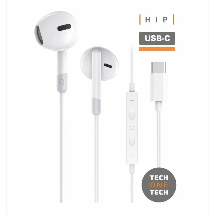 HIP Eartech TEC1301 Auriculares con Micrófono USB-C Blanco, Sonido Estéreo, Controles en Cable