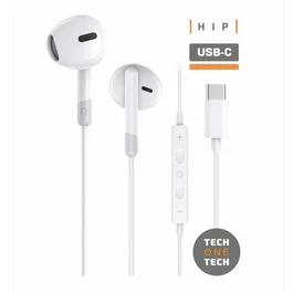 HIP Eartech TEC1301 Auriculares con Micrófono USB-C Blanco, Sonido Estéreo, Controles en Cable