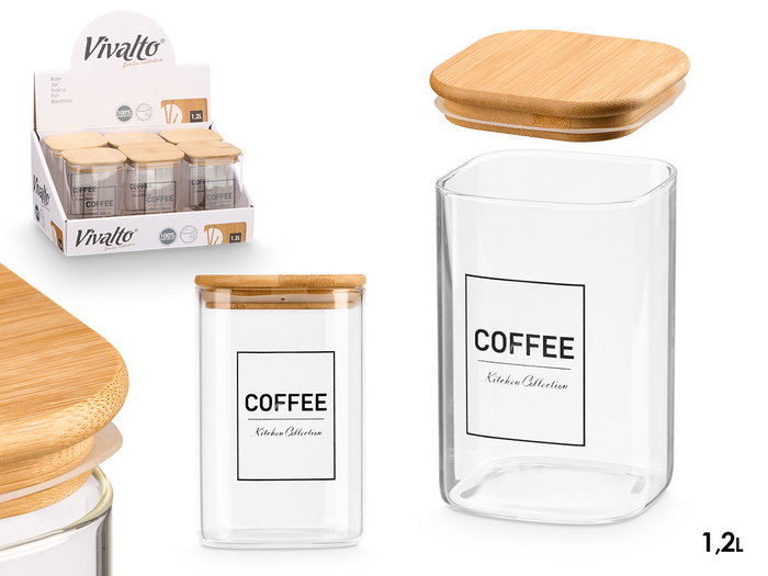 Vivalto Bote Cuadrado Borosilicato Tapa Bambú Coffee 1,2L - Vidrio, Bambú, 10.2x15.7x10.2 cm (Set de 12) Vivalto Bote Cuadrado Borosilicato Tapa Bambú Coffee 1,2L - Vidrio, Bambú, 10.2x15.7x10.2 cm (Set de 12)