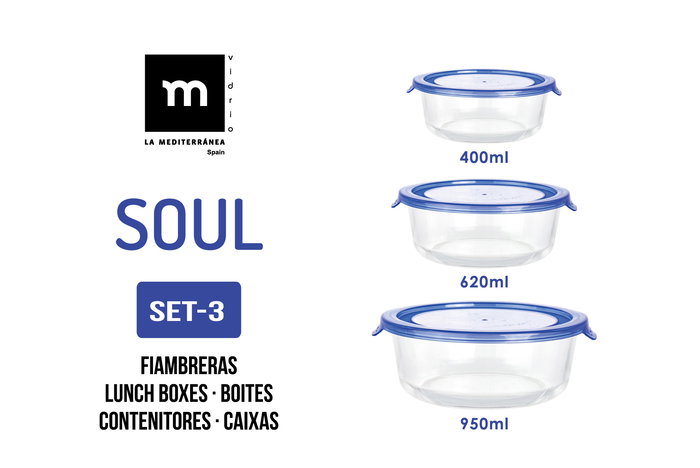 Inde Set 3 Fiambreras Redondas "Soul" Medias 400ml, 620ml y 950ml (8 Cajas)