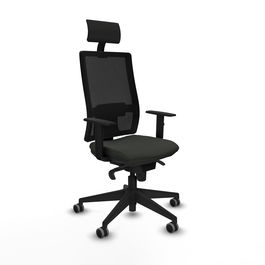 Silla de oficina Horna con mecanismo Sincro tapizada con Tela color Negro. Equipada con lumbar 1D, Brazos 1D, Cabecero Fijo y Ruedas 65 mm parqué