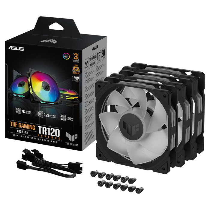 ASUS TUF Gaming TR120 ARGB - Pack de 3 Ventiladores de PC 120mm Negro, Reverse, PWM, 16 LEDs, 2200 RPM, 29dB