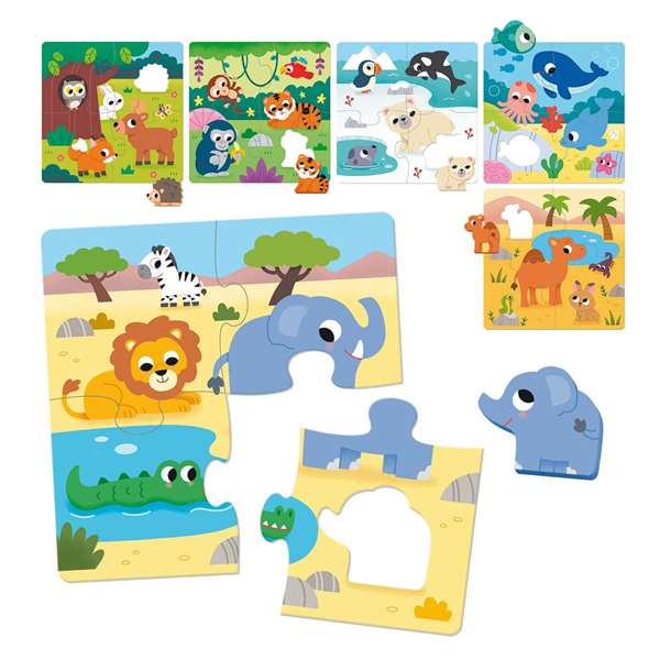 Goula Puzzle 6 Habitat. 6 Rompecabezas de Madera para Niños de 2 Años, Animales, 4 Piezas por Puzzle - Multilingüe