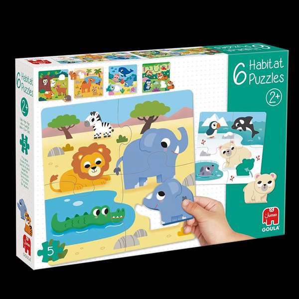 Goula Puzzle 6 Habitat. 6 Rompecabezas de Madera para Niños de 2 Años, Animales, 4 Piezas por Puzzle - Multilingüe
