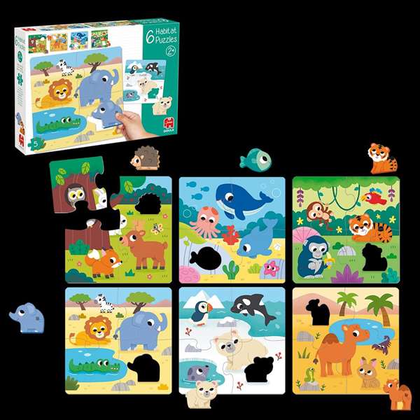 Goula Puzzle 6 Habitat. 6 Rompecabezas de Madera para Niños de 2 Años, Animales, 4 Piezas por Puzzle - Multilingüe