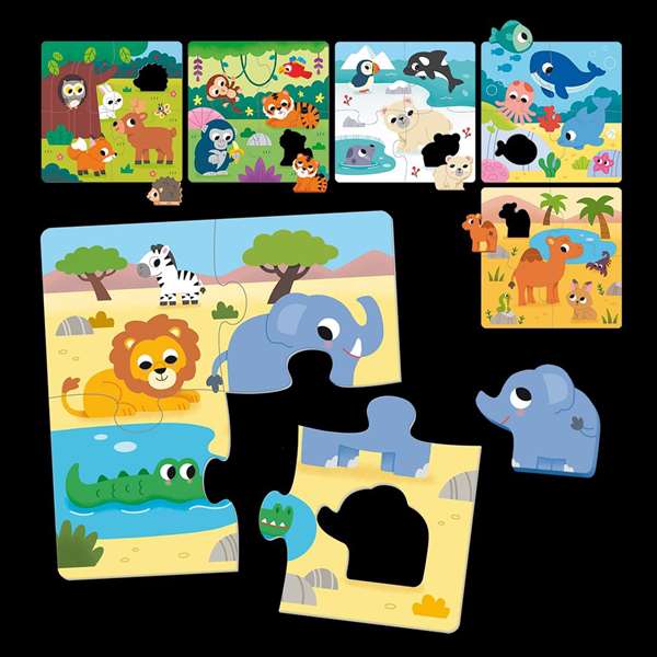 Goula Puzzle 6 Habitat. 6 Rompecabezas de Madera para Niños de 2 Años, Animales, 4 Piezas por Puzzle - Multilingüe